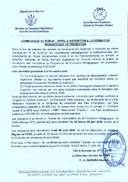 Appel à inscription à la Formation Pédagogique, 14e promotion, année académique 2025-2026