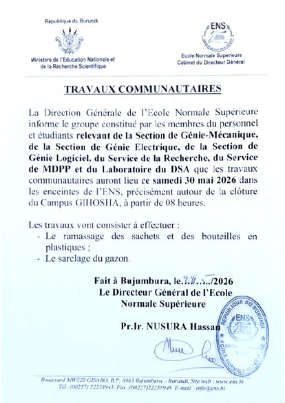 Note annonçant les travaux communautaires du 30 mai 2026 au Campus Gihosha