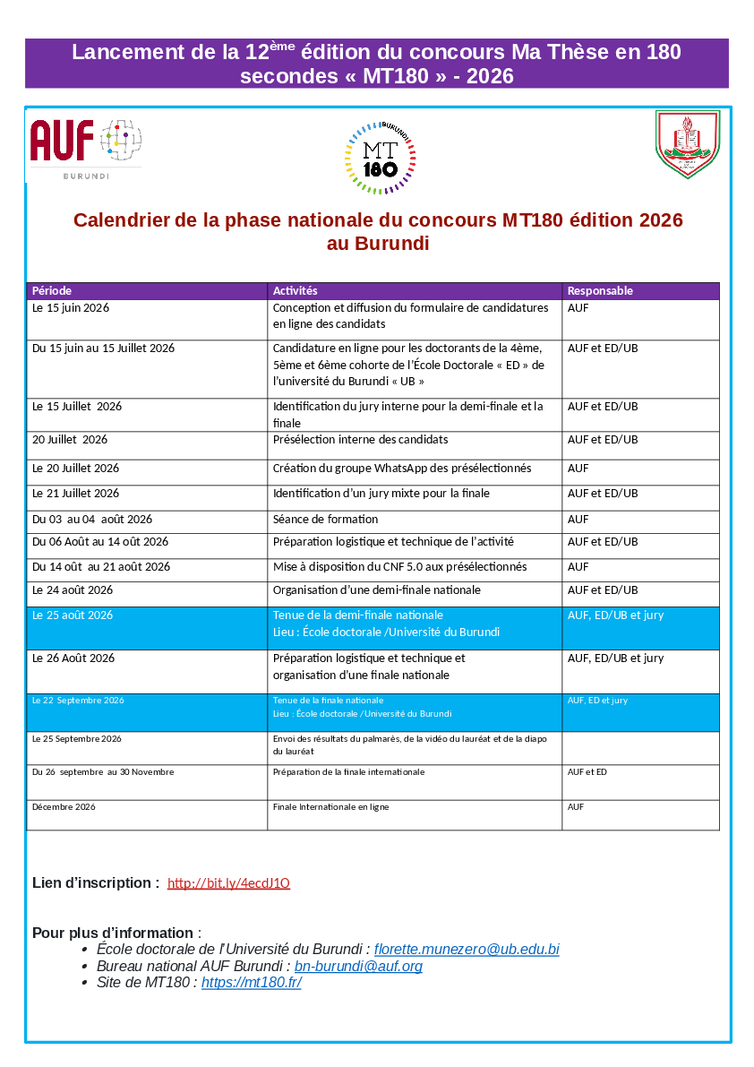 Calendrier de la phase nationale du concours MT180, édition 2026, au Burundi